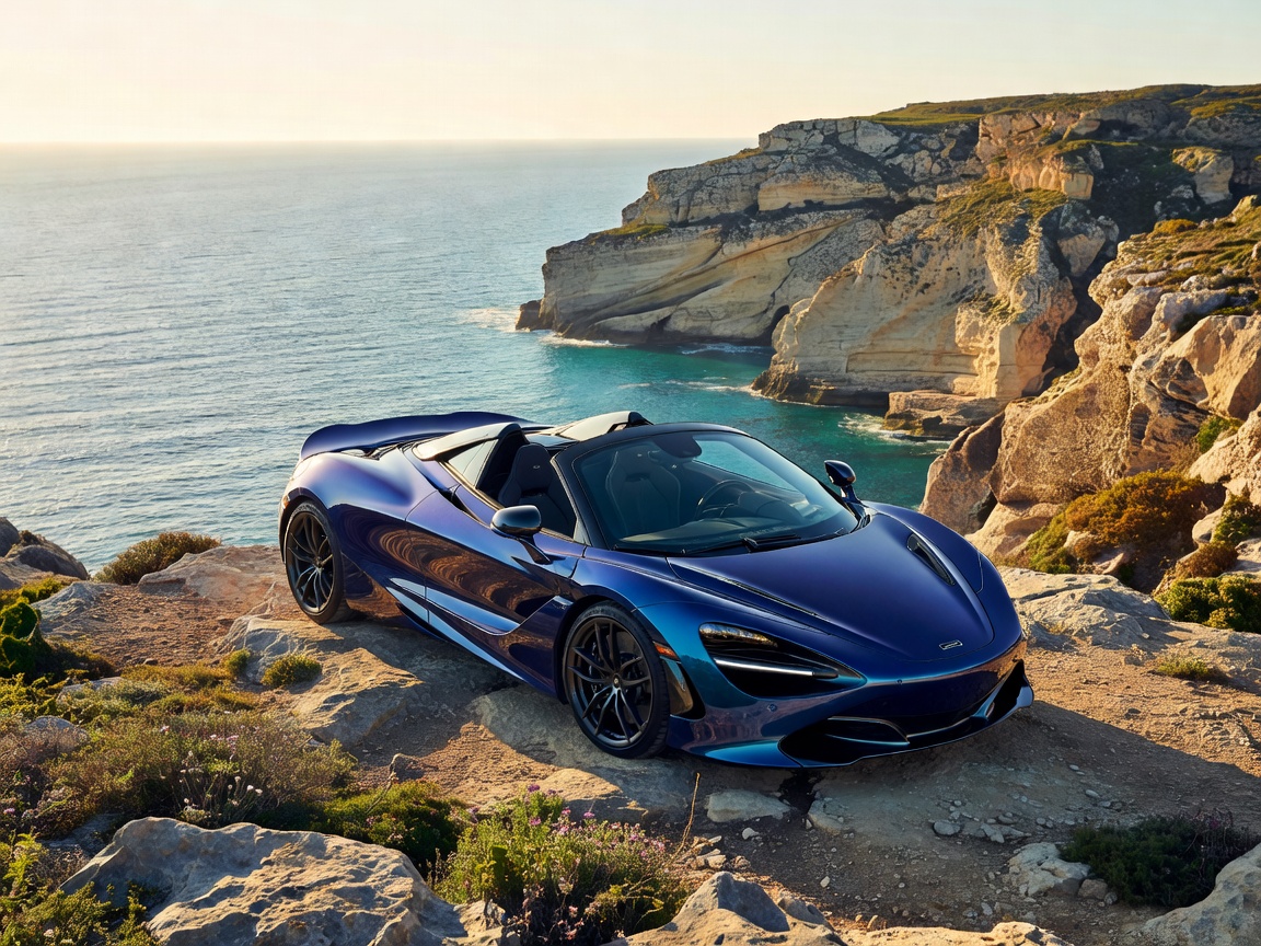 McLaren 750S Spider convertible supercar parked on scenic Malta coastal cliff overlook