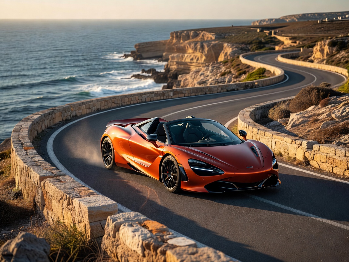 McLaren 750S Spider convertible supercar parked on scenic Malta coastal cliff overlook