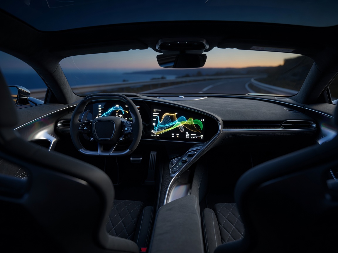 Supercar cockpit steering wheel and digital dashboard displays showing real-time telemetry