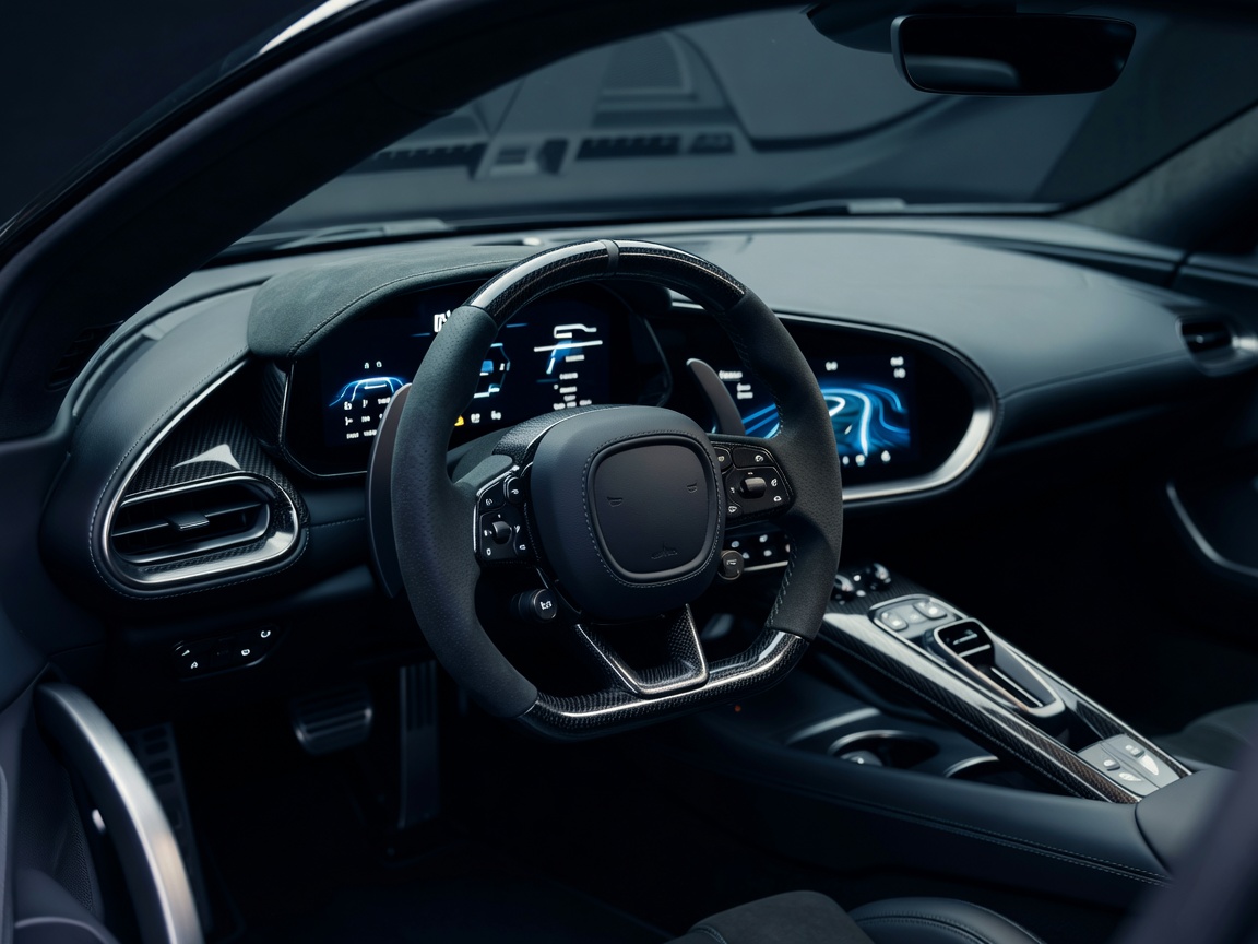 Supercar cockpit steering wheel and digital dashboard displays showing real-time torque vectoring telemetry